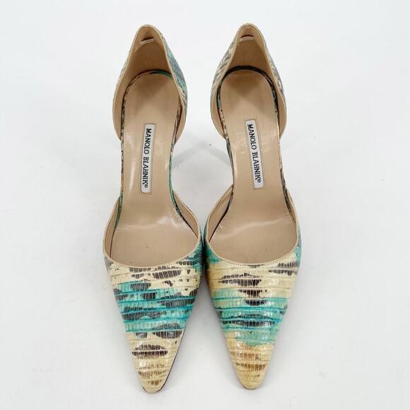 Manolo Balhnik Retro Turquoise Teju Lizard Pointed Toe D'Orsay Heel IT 39.5 - Picture 6 of 12